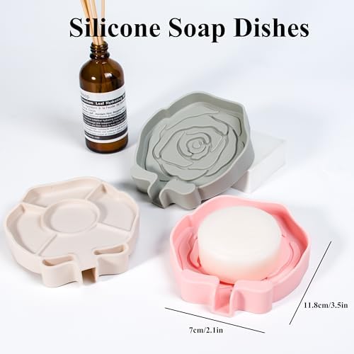 3PC Self-Draining Silicone Soap Dish, Soap Holder/Tray/Saver for Shower, Bathroom, Kitchen, Bathtub, Keep Soap Dry and Easy to Clean (Light Color)