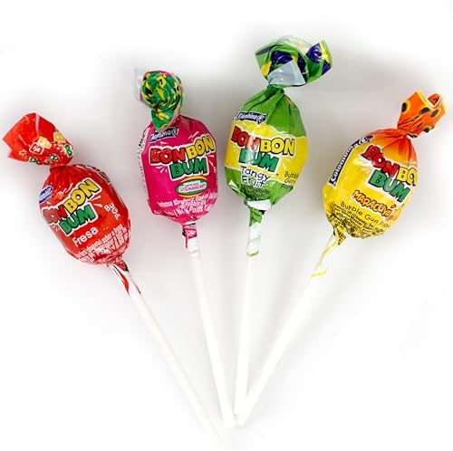 Bon Bon Bum Assorted Flavors Candy Lollipops, 1 Pound Bulk Candy (Approx. 22 pcs.), Individually Wrapped Lollipops with Bubble Gum Center, The Hampton Popcorn & Candy Company