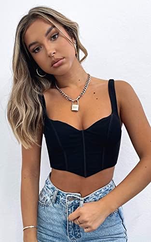 Women Y2k Corsets Square V Neck Double Lined Crop Tank Top Sexy Dance Tops