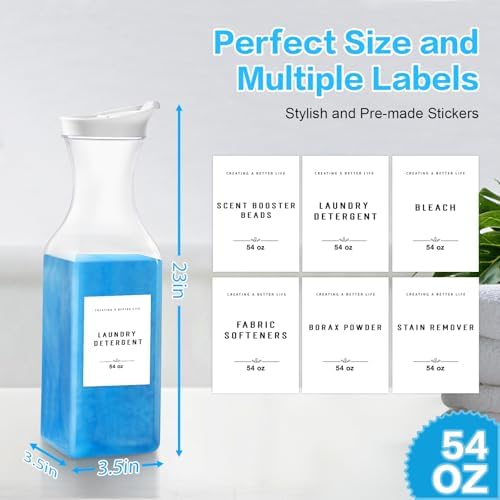 Laundry Detergent Dispenser Bottle 54oz with Waterproof Label for Laundry Detergent Soap Fabric Softener Scent Booster Beads, Sturdy PET Plastic Bottle, 2 Pack White