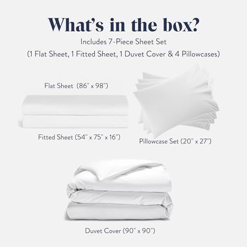 Brooklinen Luxury Sateen Sheet Set - 7 Piece 100% Cotton Bed Sheets - 1 Fitted & 1 Flat Sheet, 4 Pillowcases, 1 Duvet Cover, Soft Sateen Sheets for Ultimate Comfort King - White