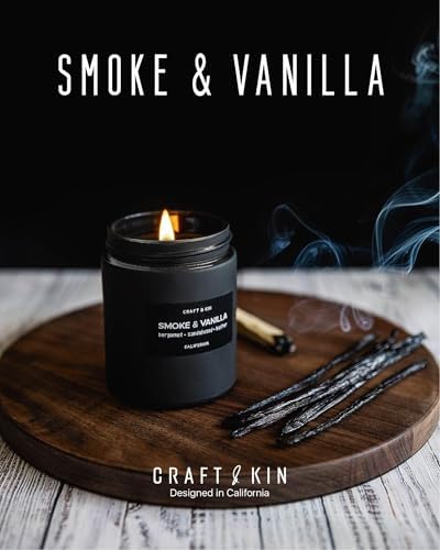 Craft & Kin Premium Smoke & Vanilla Candle | Black Scented Candles for Men | Long Lasting with 45 Hour Burn Time, 7.6oz | Soy Candle | Aromatherapy at Home | Gifts for Men