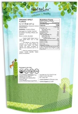 Food to Live Organic Spelt Flakes, 8 Ounces - Rolled Spelt Made from Whole Grain Non-GMO Berries, Uncooked, Raw Whole Foods, Vegan, Kosher, Bulk, Great for Breakfast Cereal and Granola.