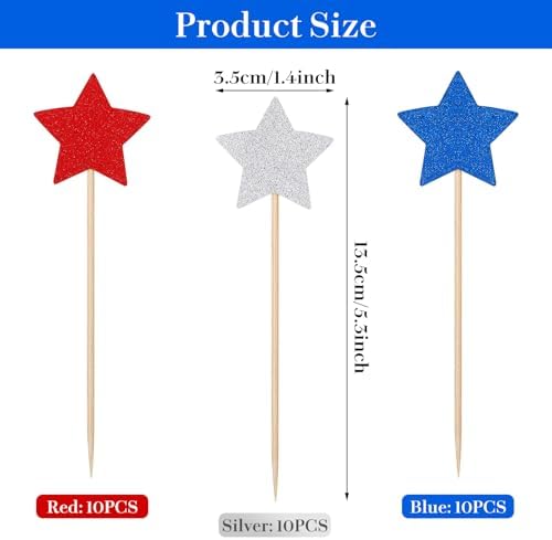 30 PCS Glitter Star Cupcake Toppers Patriotic Red White and Blue Decorations Engagement Cupcake Toppers Star Birthday Decorations American National Party Cake Decorations Star Decorations Supplies