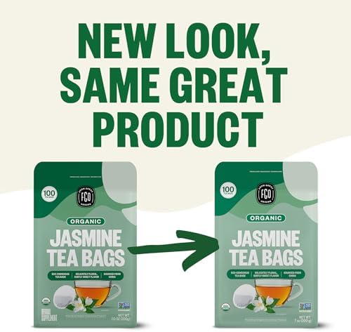 FGO Organic Jasmine Green Tea, 100 Count, Eco-Conscious Tea Bags, Resealable Bag, Packaging May Vary (Pack of 1)