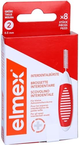 elmex Interdental Brush Red (Size 2, 0.50 mm), 1 x 8 Interdental Brushes for Cleaning Small Interdental Spaces
