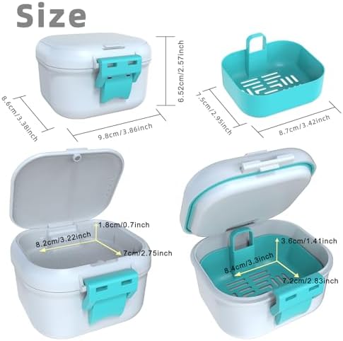 ARGOMAX Leak Proof Denture Bath Cup, Portable Soaking Denture Box, Denture Bath Case with Strainer, for Dentures and Braces, Upgraded Version with Storage Compartment (White + Cyan).