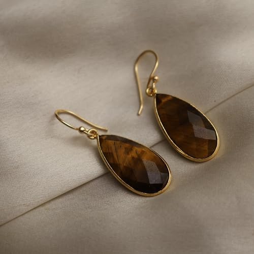 Gempires Genuine Gemstone Faceted Long Pear Gemstone Drop Dangle Hook Earrings, Statement Jewelry For Her, 1.5 inch Drop 14K Gold Plated, Gift For Woman