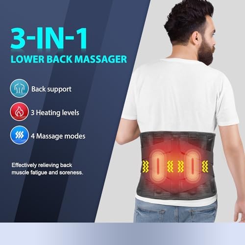 HONGJING Heated Back Massager Brace for Lower Back Pain Relief, Cordless Back Vibration Massage Belt with 3 Heating Modes and 4 Massage Modes for Sciatica and Scoliosis-L