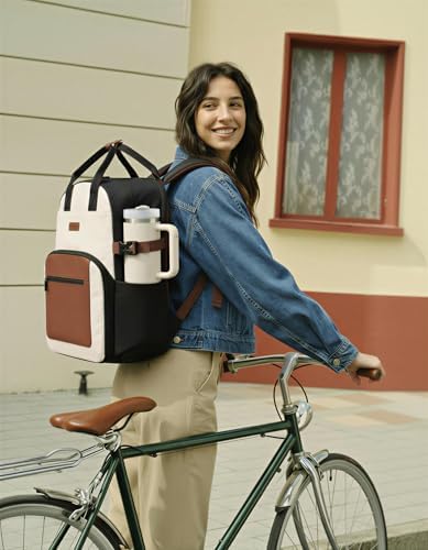 LOVEVOOK Laptop Backpack for Women - Stylish Work Backpack with Large Cup Holder, Waterproof College Teacher Backpack, Beige-Brown, 15.6Inch