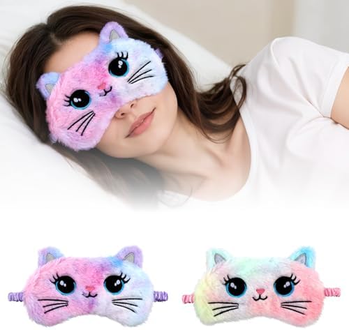 2 Pcs Sleep Mask for Kids, Soft Fuffy Plush Sleeping Eye Shade, Comfortable Cute Animal Blindfold Eye Cover for Women, Men and Kids Travel Nap Sleeping (Cat)