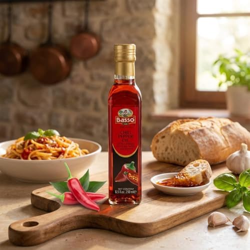 BASSO 1904 - Spicy Chili Oil, Infused Premium Extra Virgin Olive Oil, 8.5 Fl Oz (250 ml), Drizzle, Cooking, Dipping, Dressing, and Tasting. Product of Italy