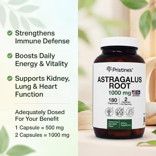PRISTINE'S Astragalus Root Supplement Capsules - 1000mg 90 Day Supply- Immune Support Supplement Capsules - Herbal Adaptogen - Healthy Aging, Heart & Lung Health