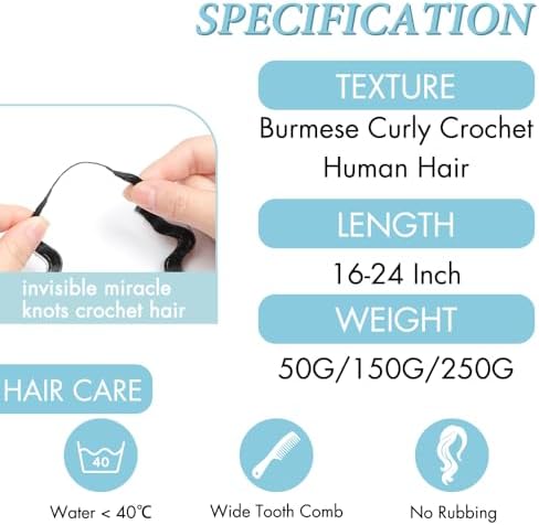 Human Crochet Hair for Black Women 16 Inch Burmese Curly Bundles Human Hair Pre-separated 40 Strands 50g Invisible Miracle Knots Feather Crochet Human Hair Extensions Natural Black 1B#