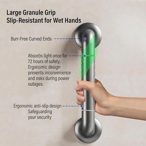 Shower Grab Bar 16" / 24" Stainless Steel Anti-Slip Glow-in-the-Dark Handrail, Heavy Duty Safety Support for Bathroom, Toilet & Seniors, Matte Gun Gray (24")