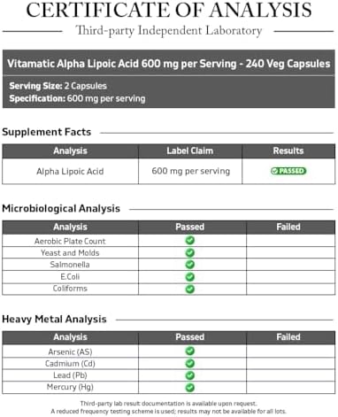 Vitamatic Alpha Lipoic Acid (ALA) 600mg Per Serving - 240 Vegetable Capsules - 120 Servings - Non-GMO & Gluten Free