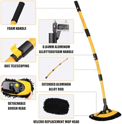Car Wash Brush with Long Handle, 55 inch Car Wash Mop Car Wash Kit Mitt Retractable Bent Pole Car Wash Brush for Cars RV Truck Boat