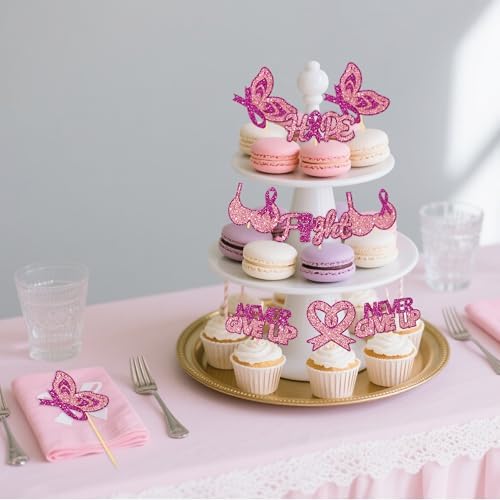 24 Pcs Rose Pink Glitter Breast Cancer Awareness Cupcake Toppers for Fight Hope Breast Cancer Party Cake Decorations, Awareness Month and Survivor Party Supplies