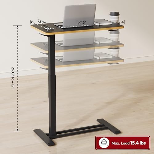 SANODESK Medical Adjustable Overbed Bedside Table with Hidden Casters, Pneumatic Mobile Laptop Computer Standing Desk Cart with Tray, Hospital and Home Use(27.6" W x 15.7" D, Black)