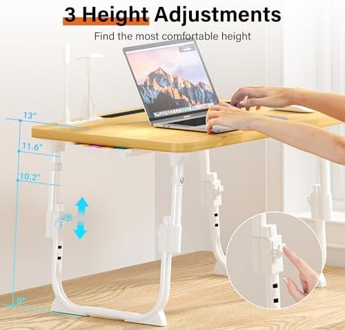 Laptop Bed Desk Height Adjustable, Bed Laptop Table with USB/Storage Drawer/Cup Holder/Tablet Stand/Book Shelf, Foldable Breakfast Tray Portable for Reading Writing, Bed, Sofa & Floor, Wood