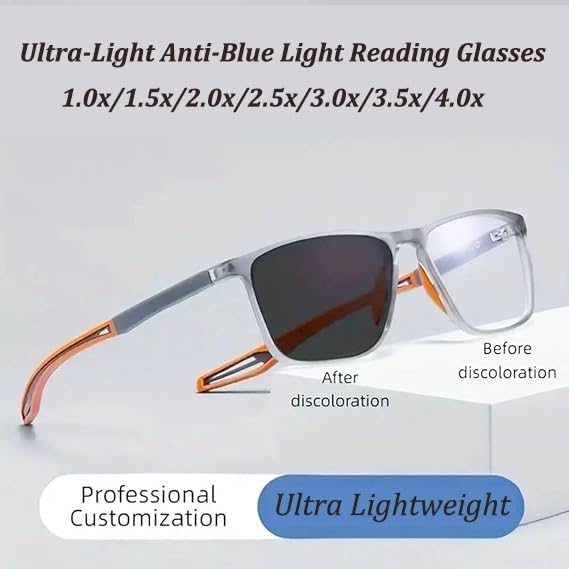 Sports Tr Square Frame Ultra-Light Anti-Blue Light Reading Glasses, Ultra Lightweight Reading Glasses for Men Women (2.5 x,Gray)