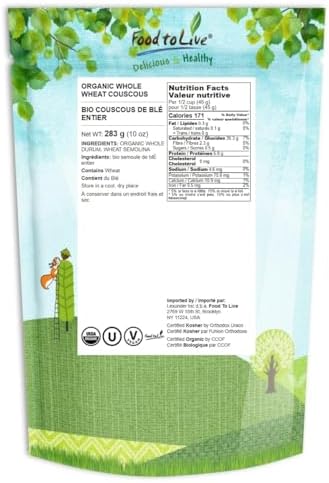 Food to Live Organic Whole Wheat Couscous, 10 Ounces – Non-GMO, Kosher, Raw, Vegan, Bulk