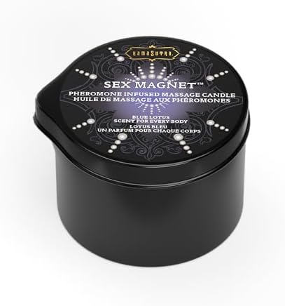 Kama Sutra Pheromone Massage Candle 2oz with Pour Spout, Coconut Oil, Shea Butter, and Pheromone Infused Blue Lotus Scent