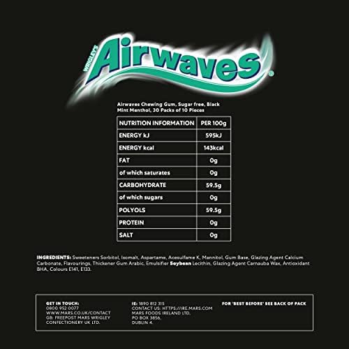 Wrigley Airwaves Black Mint Menthol Sugar Free Chewing Gum 10 Pellets (pack Of 30)