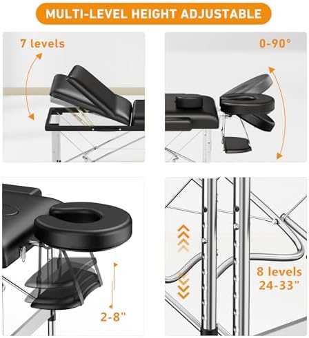 Brelley Massage Table Portable 84" Long 24" Wide Professional 3 Sections Reclining Massage Couch, Aluminum Adjustable Esthetician Bed Tattoo Table SPA Lash Salon Bed with Carrying Bag (Black)