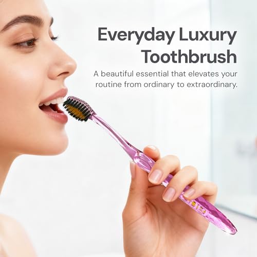 Nano-b Manual Toothbrush for Adults with Sensitive Gums, Gold & Charcoal Soft/Medium Bristles, Travel Case, Pink