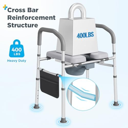 Bedside Commode for Seniors, Commode Chair with Adjustable Width and Height, 400 LBS Weight Capacity, 16.9 Inch Extra Large Soft Seat Plate