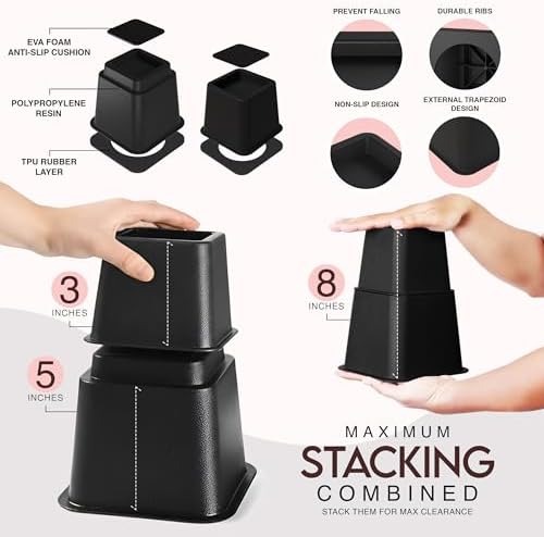 Utopia Bedding Bed Riser, 3 & 5 Inches Adjustable Furniture Risers for 8 Inch Combined Furniture Lift, Under Bed Storage & Dorm Room Essential, Supports Up to 1,300 lbs (4 Set, Black)