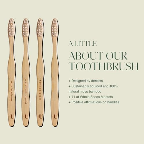 Plus Ultra Eco-Friendly Bamboo Toothbrush 4-Pack – Soft Bristles for Sensitive Gums – Sustainable, Biodegradable Moso Bamboo – All Natural and BPA Free with Positive Affirmations Etched on Handles