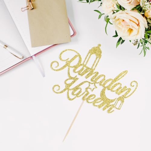 Glitter Ramadan Kareem Cake Topper - Moon Star Eid Cake Decorations, Muslim Islam Eid Mubarak Party Supplies Gold