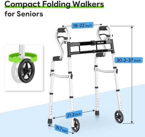 Delog Narrow Folding Walker for Seniors, 3 in 1 Folding Walker with 5” Front Wheels Width Adjustable Compact Standard Walker Support Up to 350lbs (Black)