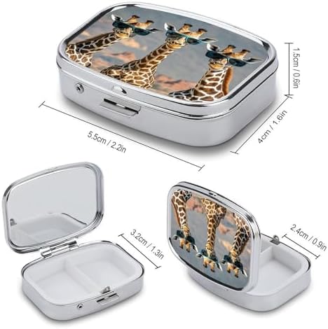 Three Giraffes Wearing Sunglasses Pill Case 2 Compartments Travel Pill Organizer for Pocket Small Pill Box Portable Pill Container Metal Medication Holder to Hold Vitamin Fish Oil Supplement