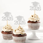 Ercadio 36Pcs Glitter Silver 2026 Graduation Cap Cupcake Toppers Class of 2026 Grad Cap Cupcake Picks Preschool High School University Diploma Graduation Theme Party Decorations Supplies