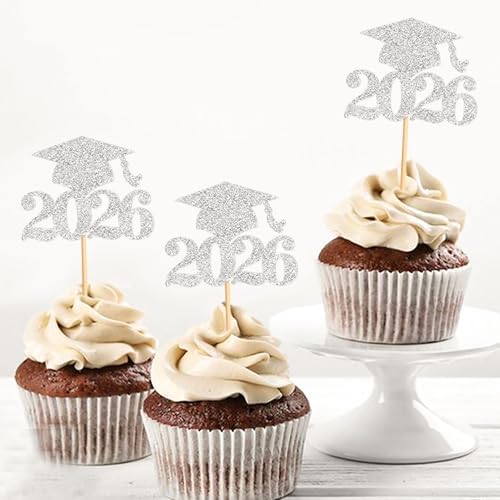 Ercadio 36Pcs Glitter Silver 2026 Graduation Cap Cupcake Toppers Class of 2026 Grad Cap Cupcake Picks Preschool High School University Diploma Graduation Theme Party Decorations Supplies