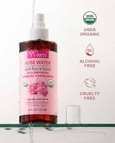 Yoken Organic Rose Water Spray for Face, 8 Fl Oz Fine Mist, Rosewater Face Mist with 100% Pure & Natural Rosa Damascena Rose Hydrosol, USDA Certified Organic, Alcohol Free, Vegan, No Dyes