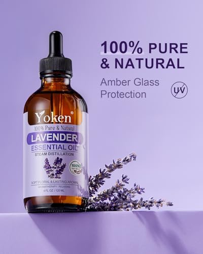 Yoken Lavender Essential Oil, 4 fl oz, Steam Distilled, Concentrated Formula with Soft Balanced Aroma, Without Added Fragrance