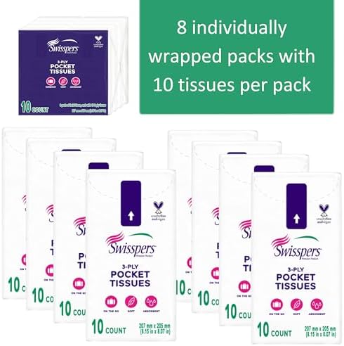 Swisspers Pocket Tissues, 3-Ply White Facial Tissues for Purse, Pocket, Car, Strong & Absorbent, 10 Tissues/Pack, 8 Packs (80 Tissues Total)