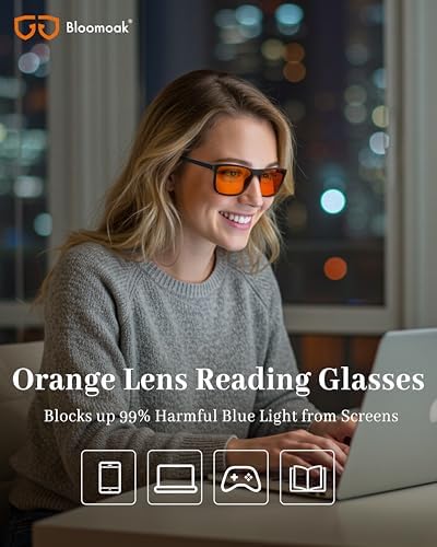 Bloomoak Orange Reading Blue Light Glasses,Computer Readers with Magnification,Relieve Eye Strain &Improve Sleep