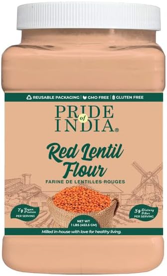 Pride of India - PACK of 6 - Red Lentil Flour 1 lbs (454 gm) Hint of Sweetness Slightly Nutty Earthy Flavor Freshly Milled in Small Batches | Used for Cooking Baking Thickening Coating