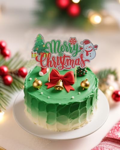 Merry Christmas Cake Topper,Snowman Theme Christmas Holiday Party Supplies,Red & Green Glitter Cake Decorations,Winter Holiday Cake Picks