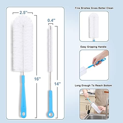 16" Bottle Brush Cleaner for Water Bottle - Long Handle Bottle Brush for Cleaning Narrow Neck Sport Bottles,Beer Bottle and Jugs, Set of 2