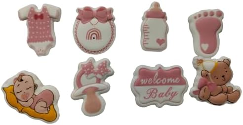 Edible 8pcs Pink Girls Baby Showers Themed Cake Decorations Dessert Sugar Sprinkles Party Cookie DIY Cake Cupcake Topper Icing Frosting Decoration Holiday Supplies
