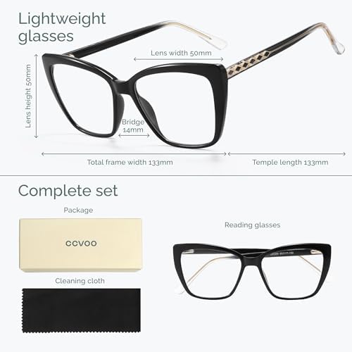 CCVOO Trendy Reading Glasses for Women, Oversized Blue Light Readers, Cheaters Eyeglasses, Stylish Square Cat Eye Glasses