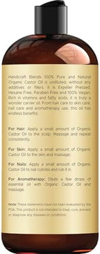 Handcraft Blends Organic Castor Oil 16 Fl Oz | 100% Pure and Natural | Premium Grade Carrier Oil | Hair, Eyelashes and Eyebrows | Hair and Body | Expeller-Pressed | Hexane-Free