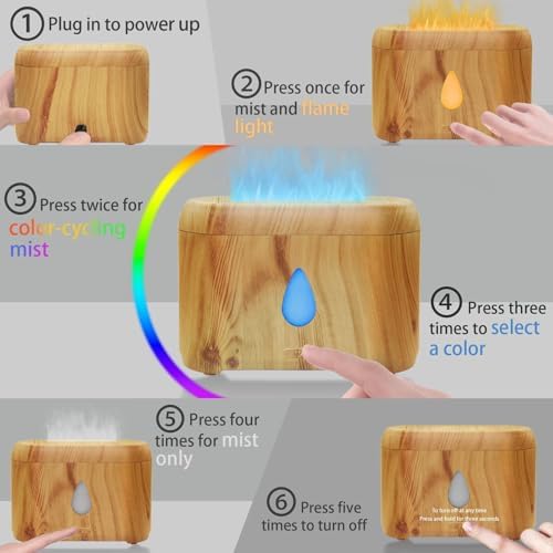 Flame Diffuser for Essential Oils, 200ml Ultrasonic Aroma Diffusers with Cool Mist, Aromatherapy Diffuser with Auto-Off Protection, Small Humidifier for Home,Office,Bedroom,Gift (7 Colors Wood)