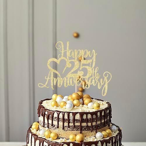 25th Anniversary Happy Cake Topper, for Wedding Anniversary 25th, Company Anniversary Party Decoration/Birthday Party Decorations (Gold 25）